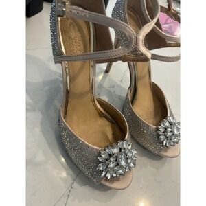Jewel Badgley Mischka Embellished Peep Toe Heels Crystal Sparkle Ankle Strap